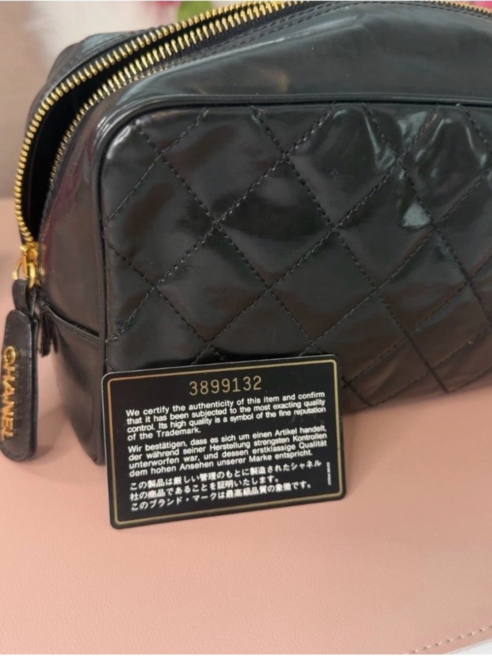 Chanel Black Quilted Cosmetic Pouch with Gold Hardware w/ COA and black card